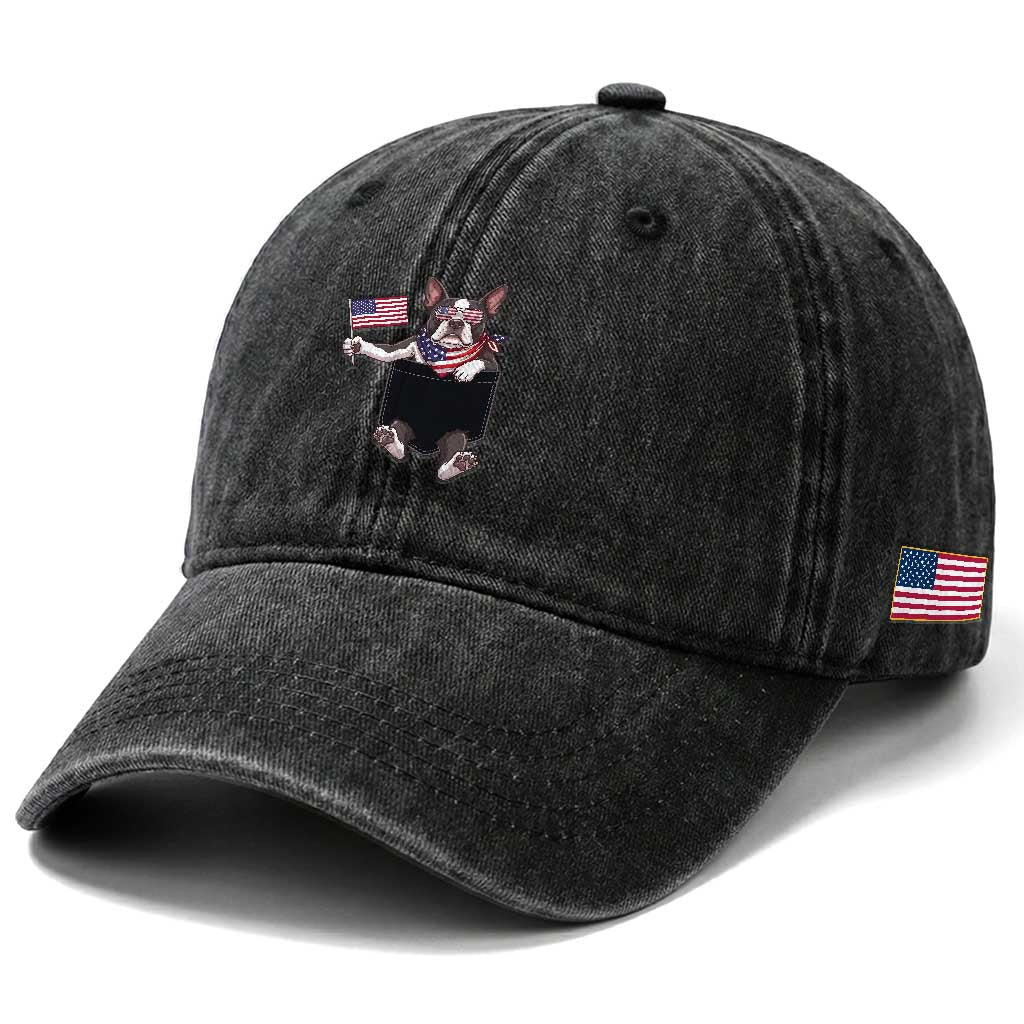 Funny Patriotic French Bulldog in Pocket Graphic Washed Cotton Baseball Cap Cute Frenchie Waving US Flag Sunglasses Faux Summer