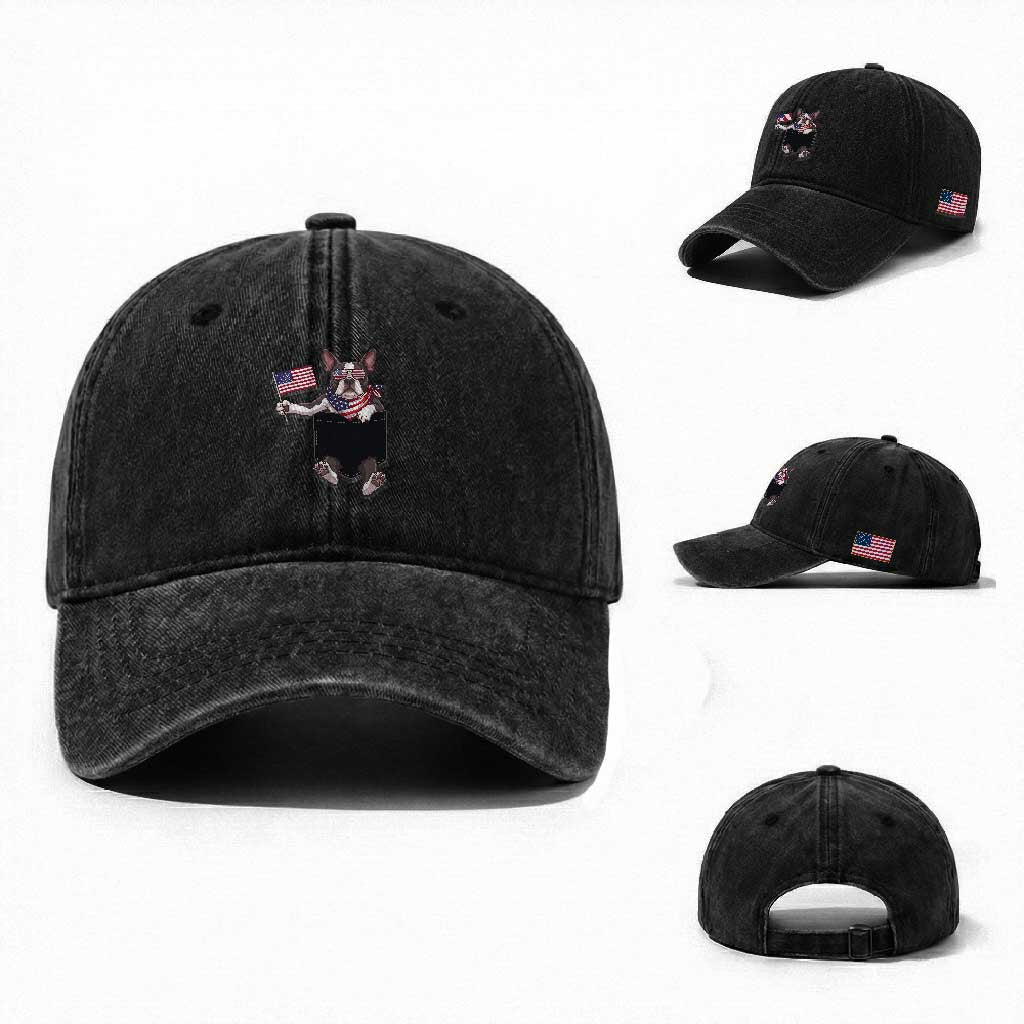 Funny Patriotic French Bulldog in Pocket Graphic Washed Cotton Baseball Cap Cute Frenchie Waving US Flag Sunglasses Faux Summer