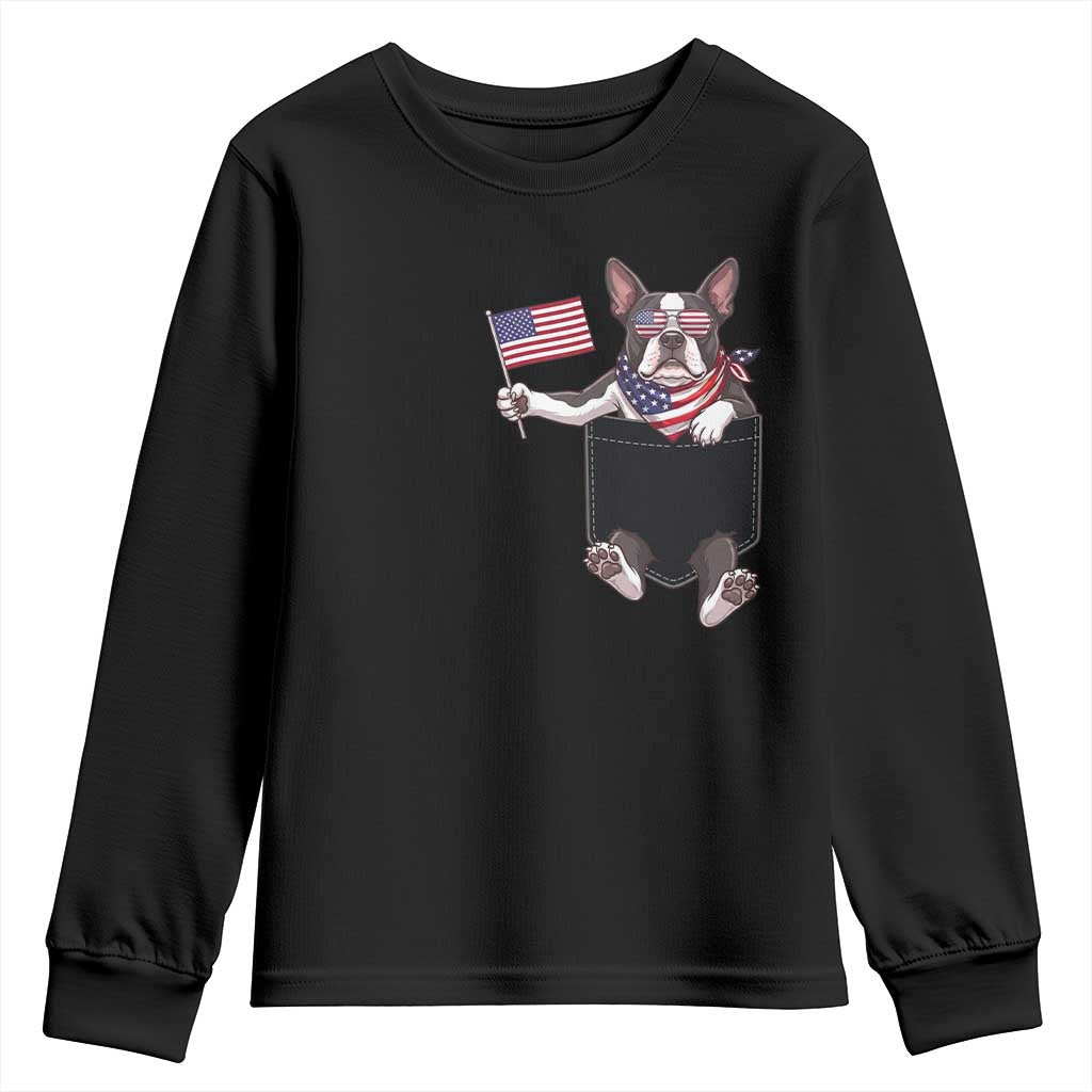 Funny Patriotic French Bulldog in Pocket Graphic Youth Sweatshirt Cute Frenchie Waving US Flag Sunglasses Faux Summer