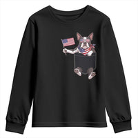 Funny Patriotic French Bulldog in Pocket Graphic Youth Sweatshirt Cute Frenchie Waving US Flag Sunglasses Faux Summer