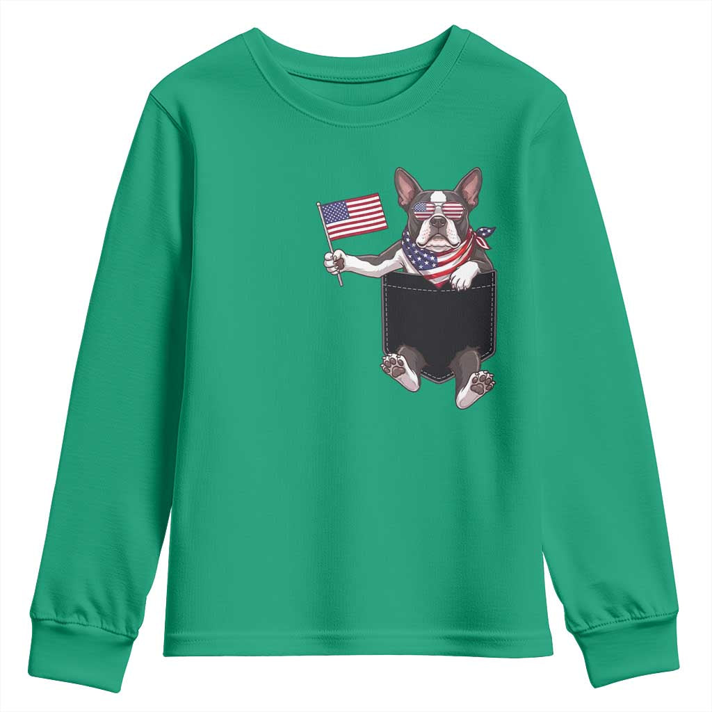 Funny Patriotic French Bulldog in Pocket Graphic Youth Sweatshirt Cute Frenchie Waving US Flag Sunglasses Faux Summer