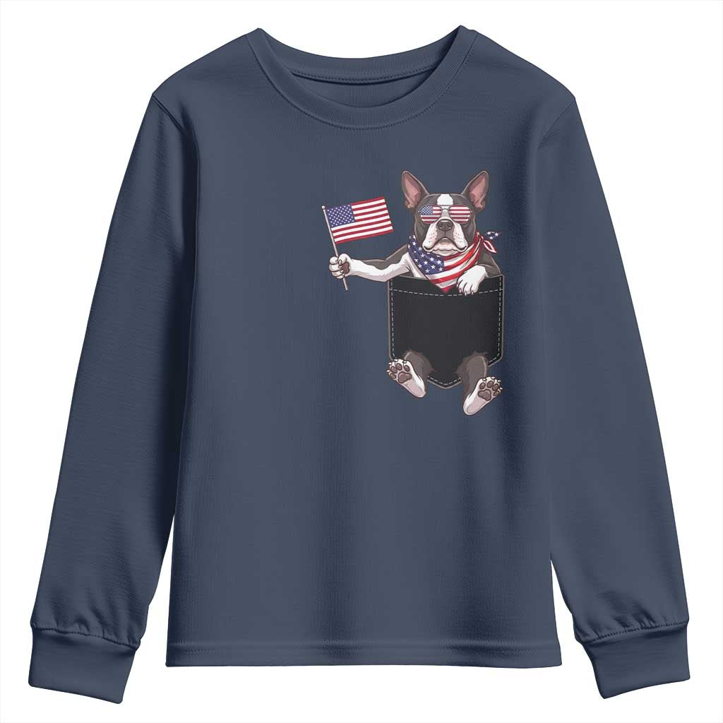 Funny Patriotic French Bulldog in Pocket Graphic Youth Sweatshirt Cute Frenchie Waving US Flag Sunglasses Faux Summer