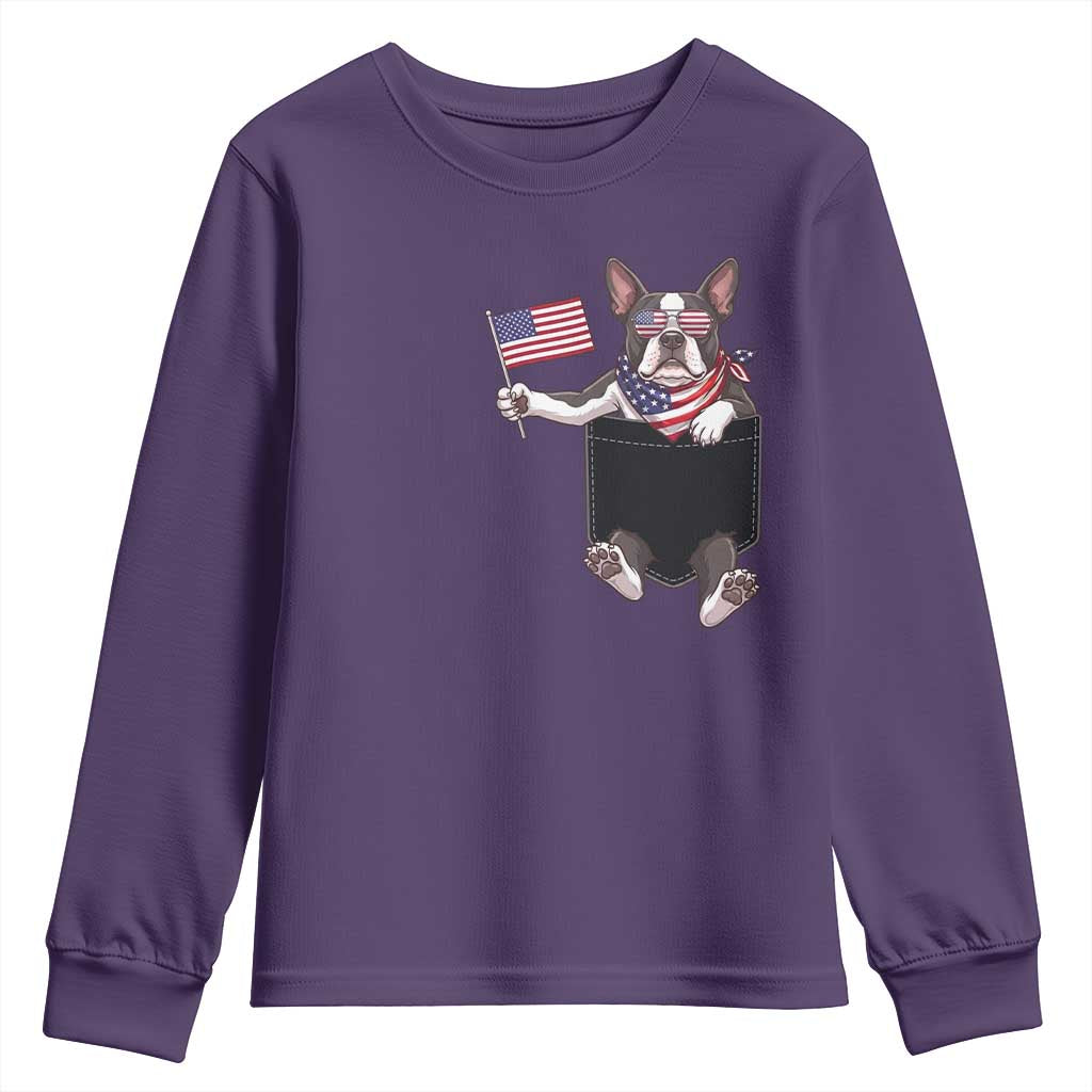 Funny Patriotic French Bulldog in Pocket Graphic Youth Sweatshirt Cute Frenchie Waving US Flag Sunglasses Faux Summer