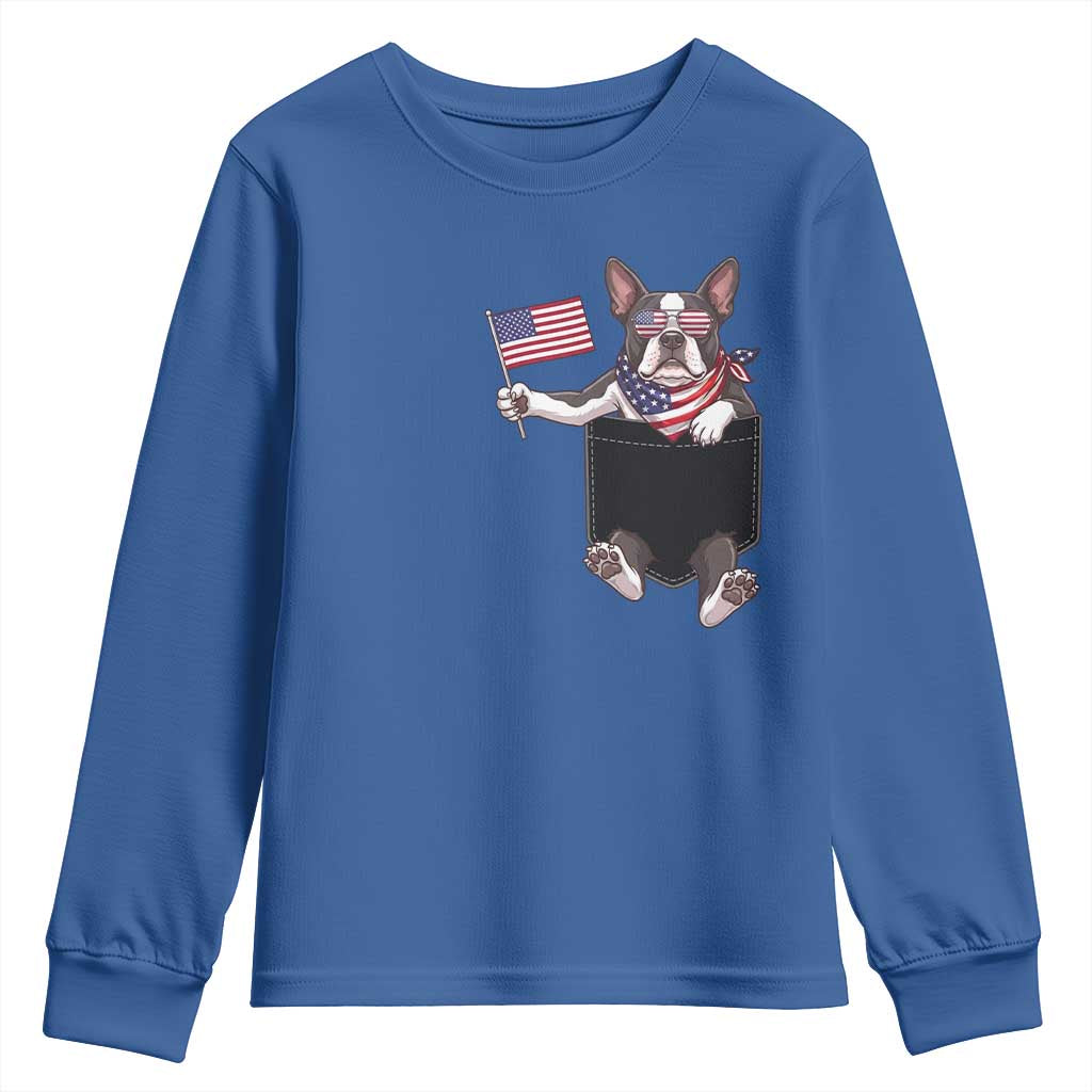 Funny Patriotic French Bulldog in Pocket Graphic Youth Sweatshirt Cute Frenchie Waving US Flag Sunglasses Faux Summer