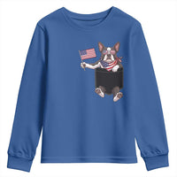 Funny Patriotic French Bulldog in Pocket Graphic Youth Sweatshirt Cute Frenchie Waving US Flag Sunglasses Faux Summer