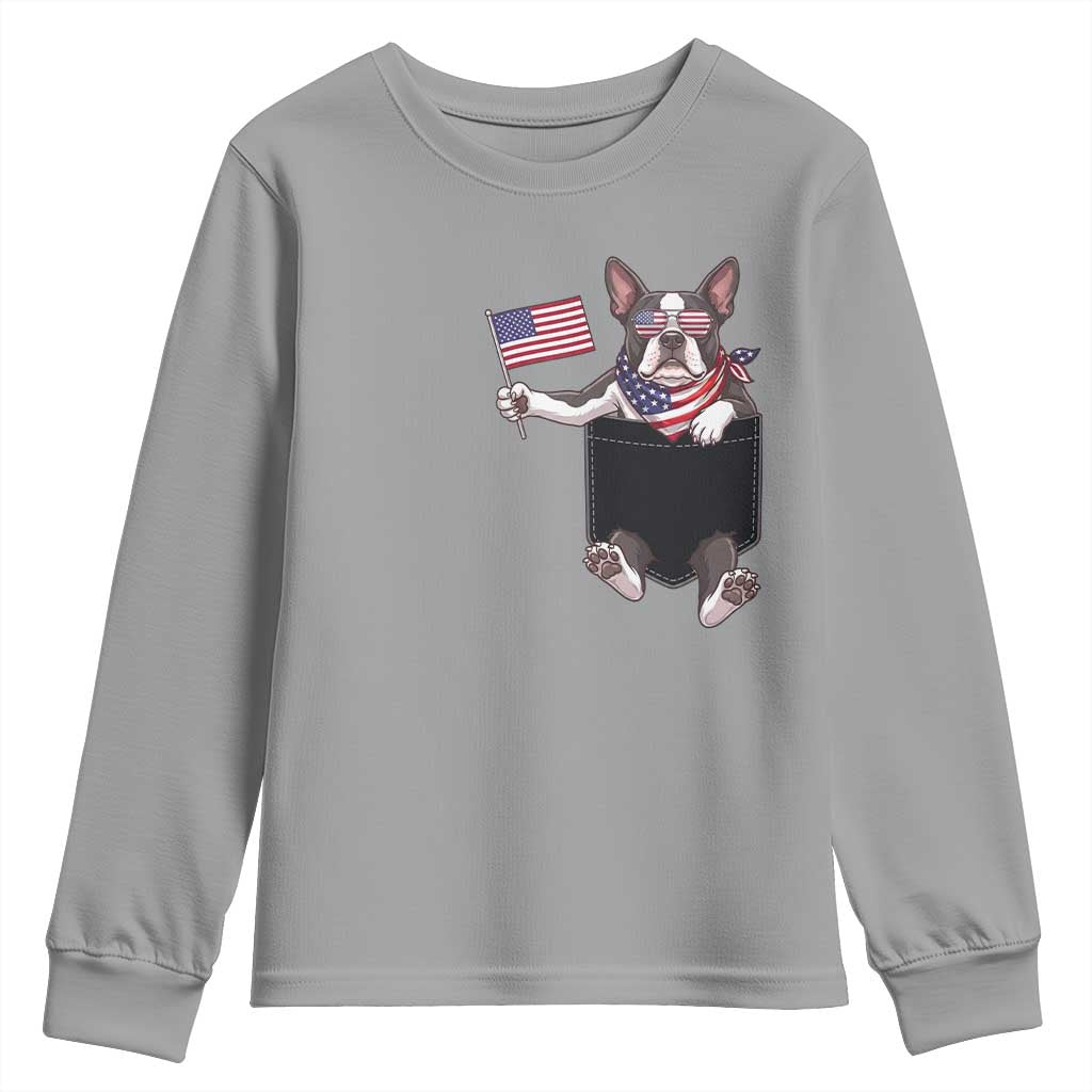 Funny Patriotic French Bulldog in Pocket Graphic Youth Sweatshirt Cute Frenchie Waving US Flag Sunglasses Faux Summer