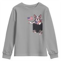 Funny Patriotic French Bulldog in Pocket Graphic Youth Sweatshirt Cute Frenchie Waving US Flag Sunglasses Faux Summer