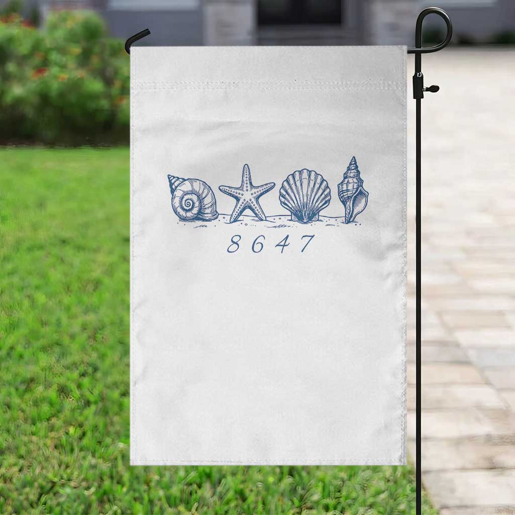 8647 Sea Shells Starfish Vintage Coastal Blue Line Graphic Garden Flag Coded Political Satire