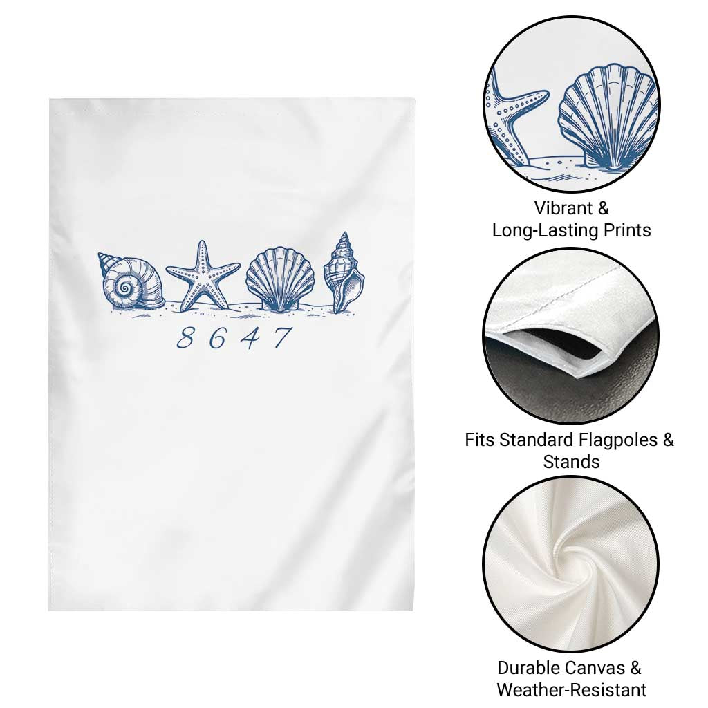8647 Sea Shells Starfish Vintage Coastal Blue Line Graphic Garden Flag Coded Political Satire