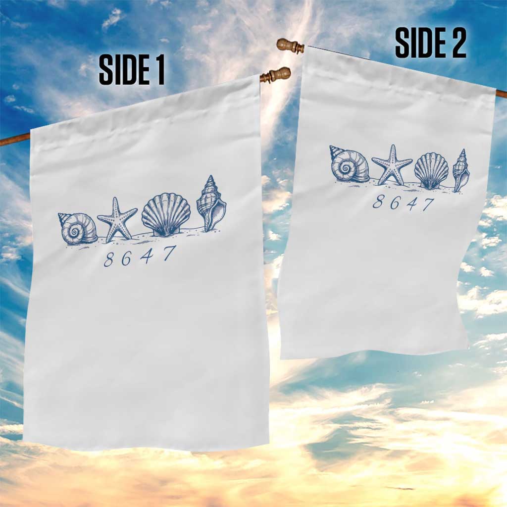 8647 Sea Shells Starfish Vintage Coastal Blue Line Graphic Garden Flag Coded Political Satire