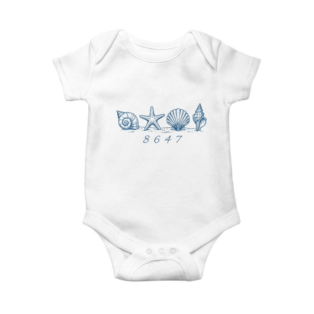 8647 Sea Shells Starfish Vintage Coastal Blue Line Graphic Baby Onesie Coded Political Satire