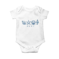 8647 Sea Shells Starfish Vintage Coastal Blue Line Graphic Baby Onesie Coded Political Satire