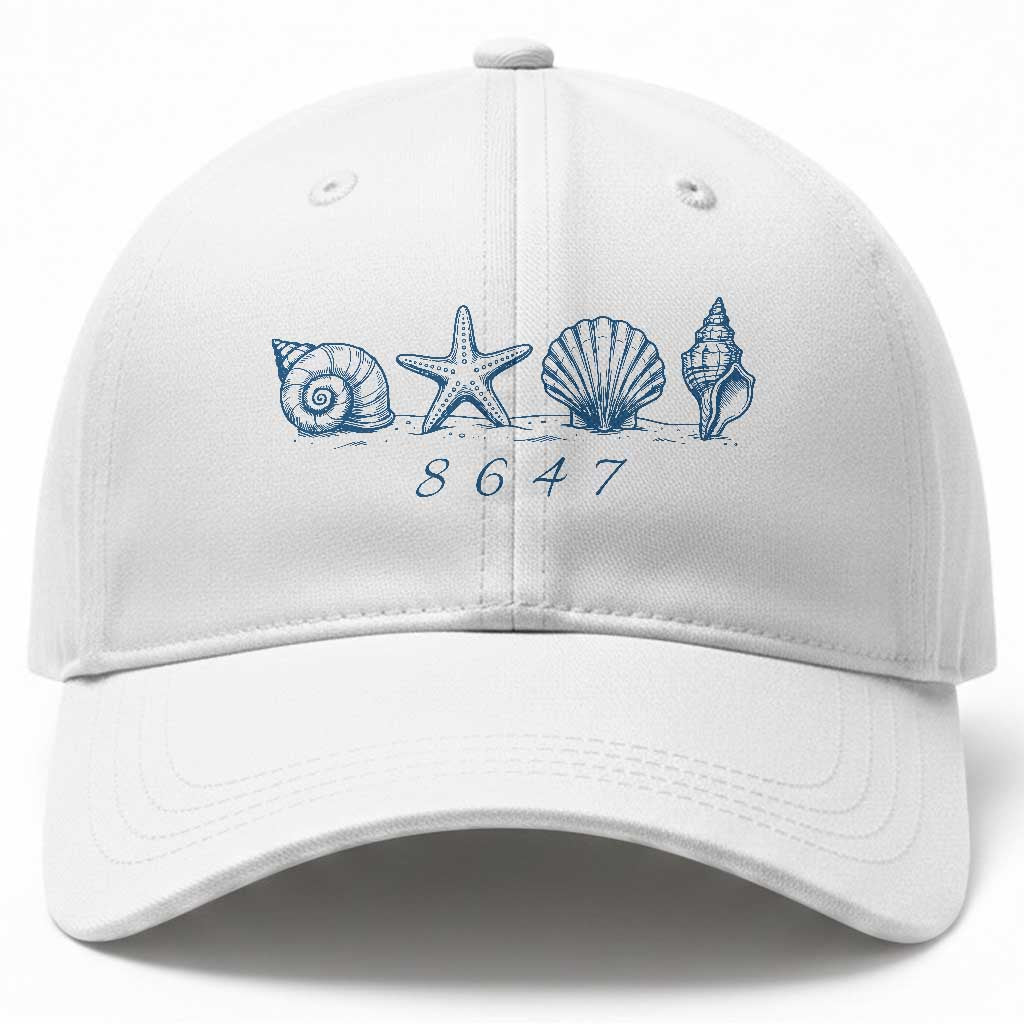 8647 Sea Shells Starfish Vintage Coastal Blue Line Graphic Baseball Cap Coded Political Satire