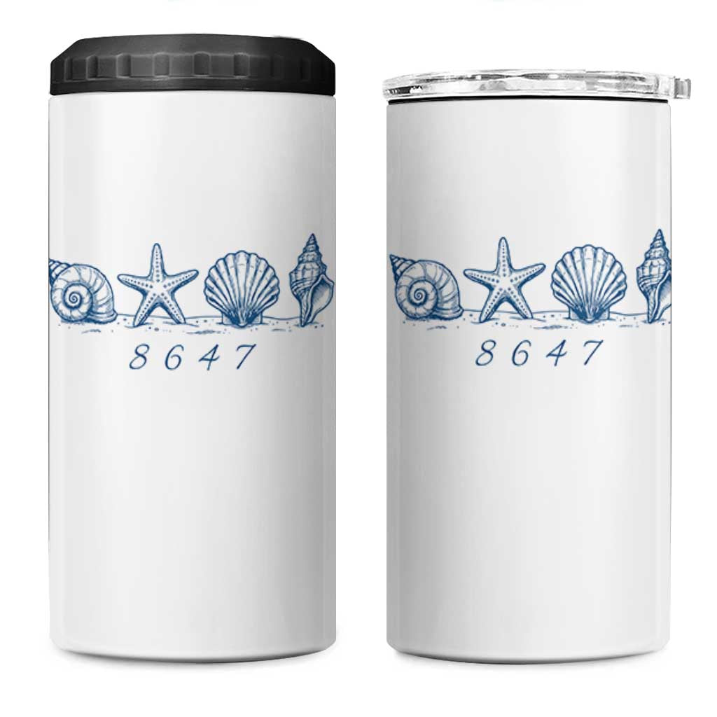 8647 Sea Shells Starfish Vintage Coastal Blue Line Graphic 4 in 1 Can Cooler Tumbler Coded Political Satire