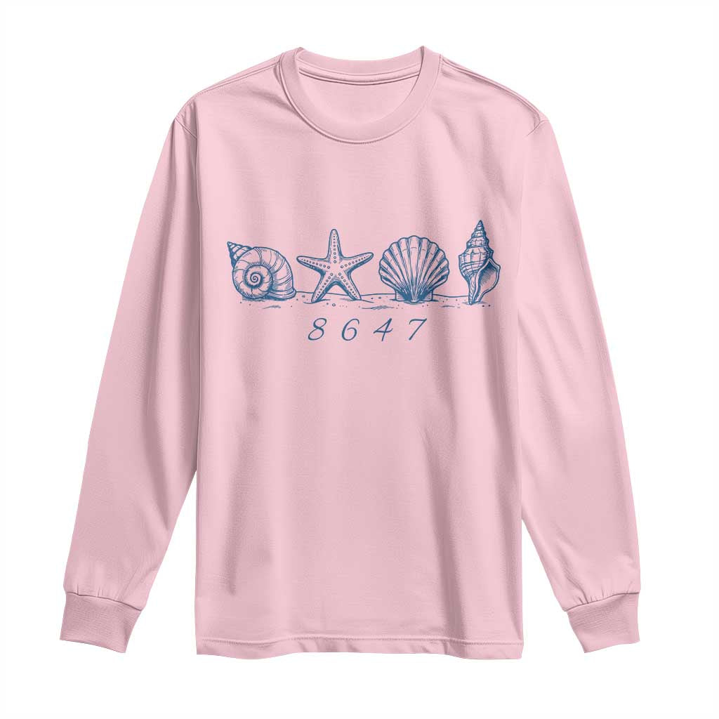 8647 Sea Shells Starfish Vintage Coastal Blue Line Graphic Long Sleeve Shirt Coded Political Satire
