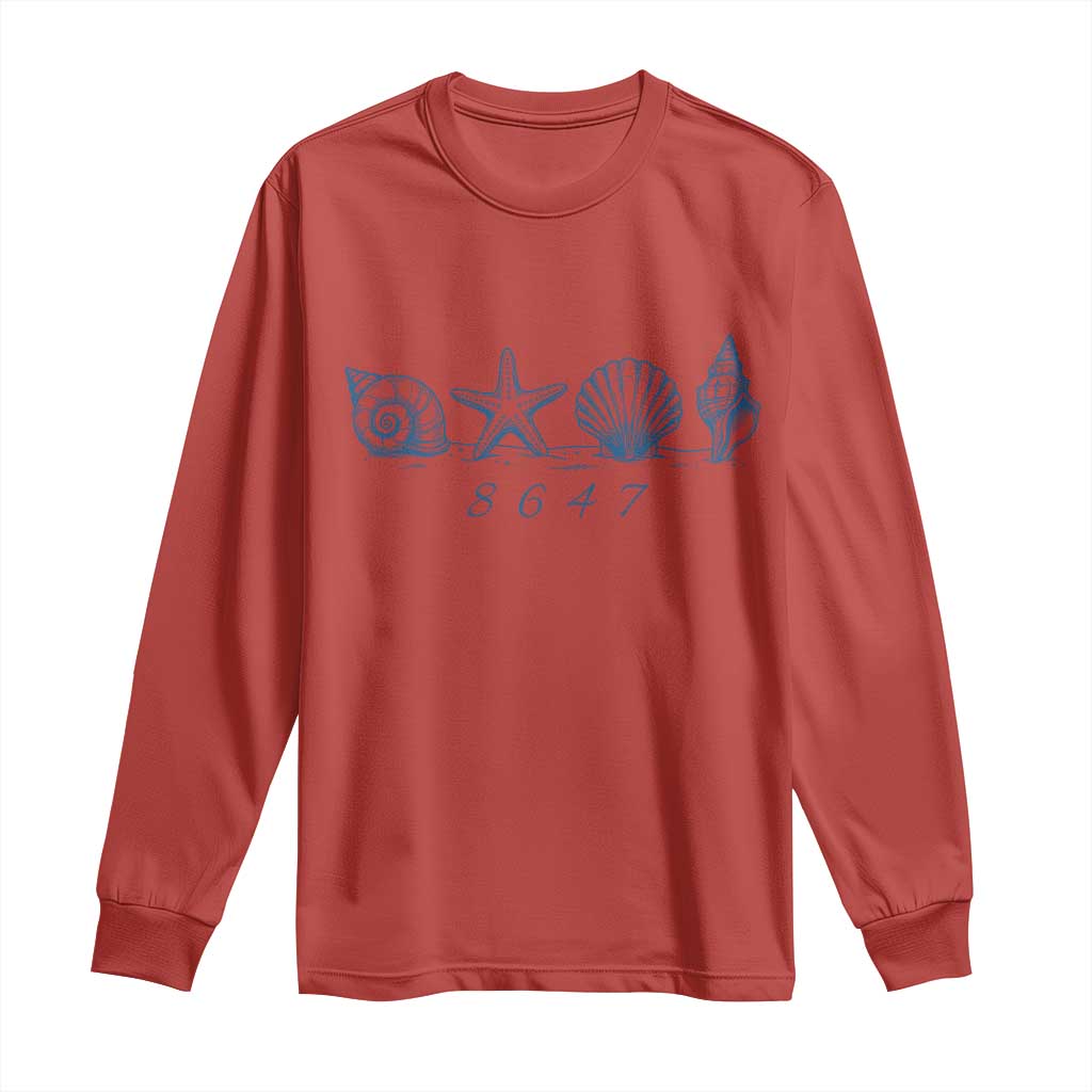 8647 Sea Shells Starfish Vintage Coastal Blue Line Graphic Long Sleeve Shirt Coded Political Satire