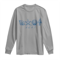8647 Sea Shells Starfish Vintage Coastal Blue Line Graphic Long Sleeve Shirt Coded Political Satire