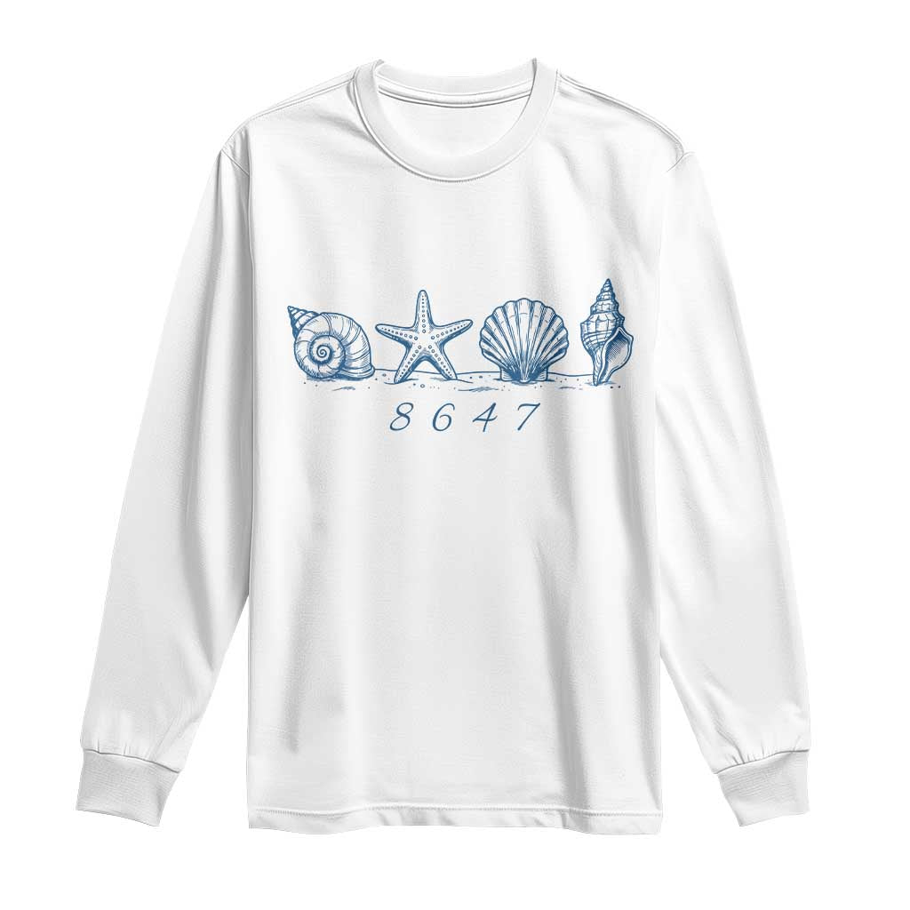 8647 Sea Shells Starfish Vintage Coastal Blue Line Graphic Long Sleeve Shirt Coded Political Satire