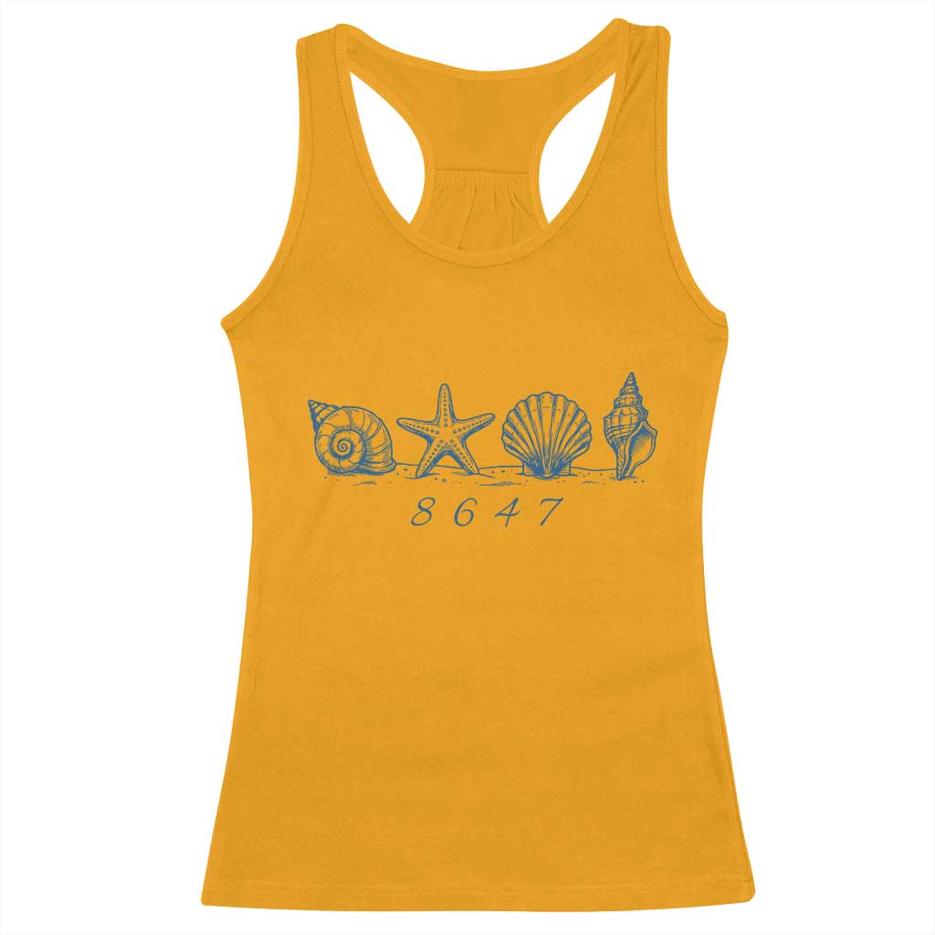 8647 Sea Shells Starfish Vintage Coastal Blue Line Graphic Racerback Tank Top Coded Political Satire