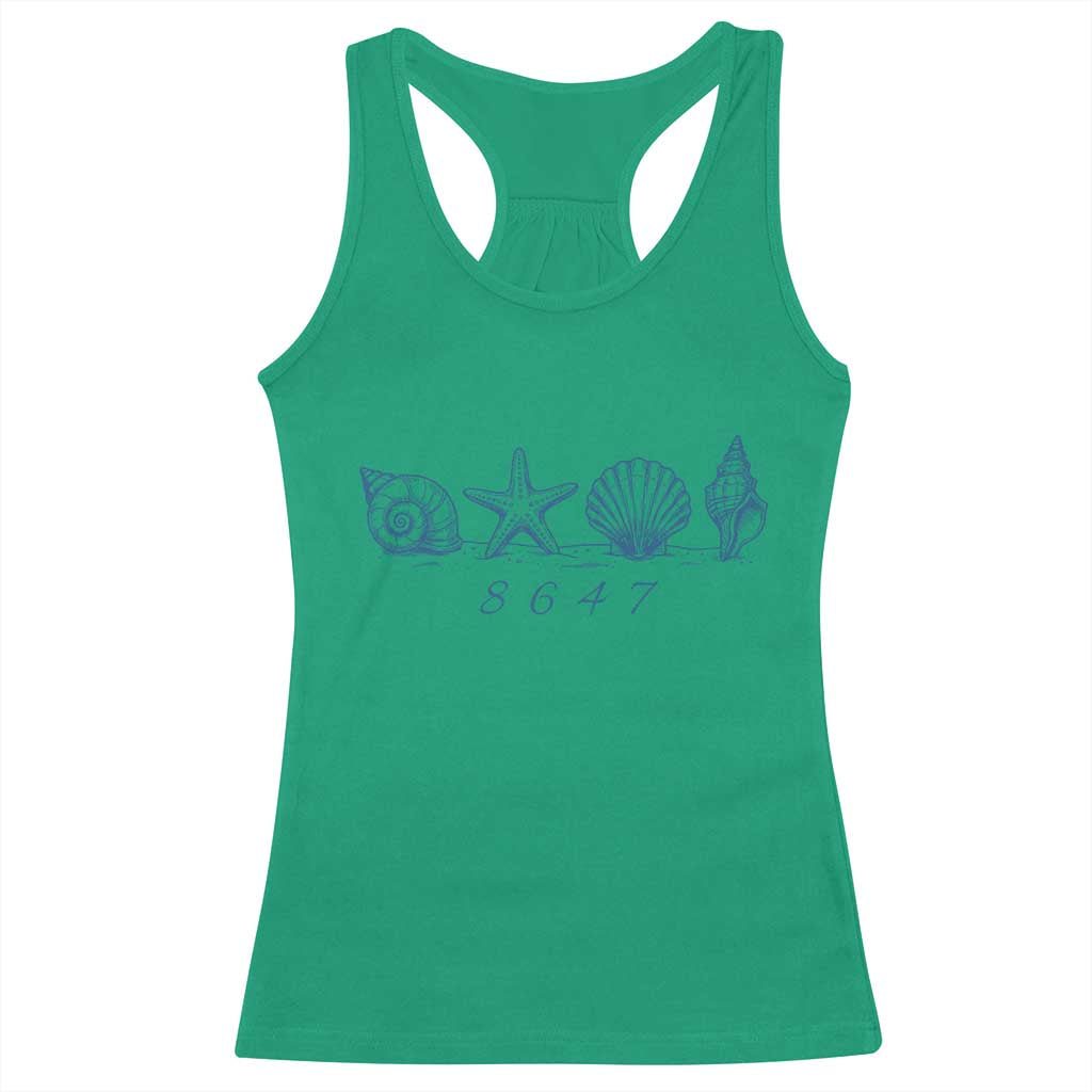 8647 Sea Shells Starfish Vintage Coastal Blue Line Graphic Racerback Tank Top Coded Political Satire