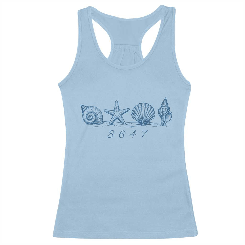 8647 Sea Shells Starfish Vintage Coastal Blue Line Graphic Racerback Tank Top Coded Political Satire