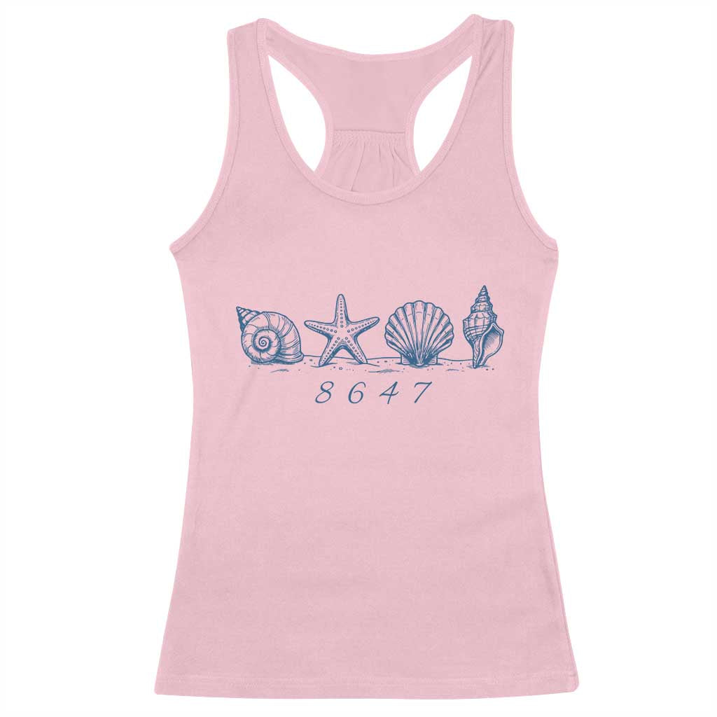 8647 Sea Shells Starfish Vintage Coastal Blue Line Graphic Racerback Tank Top Coded Political Satire