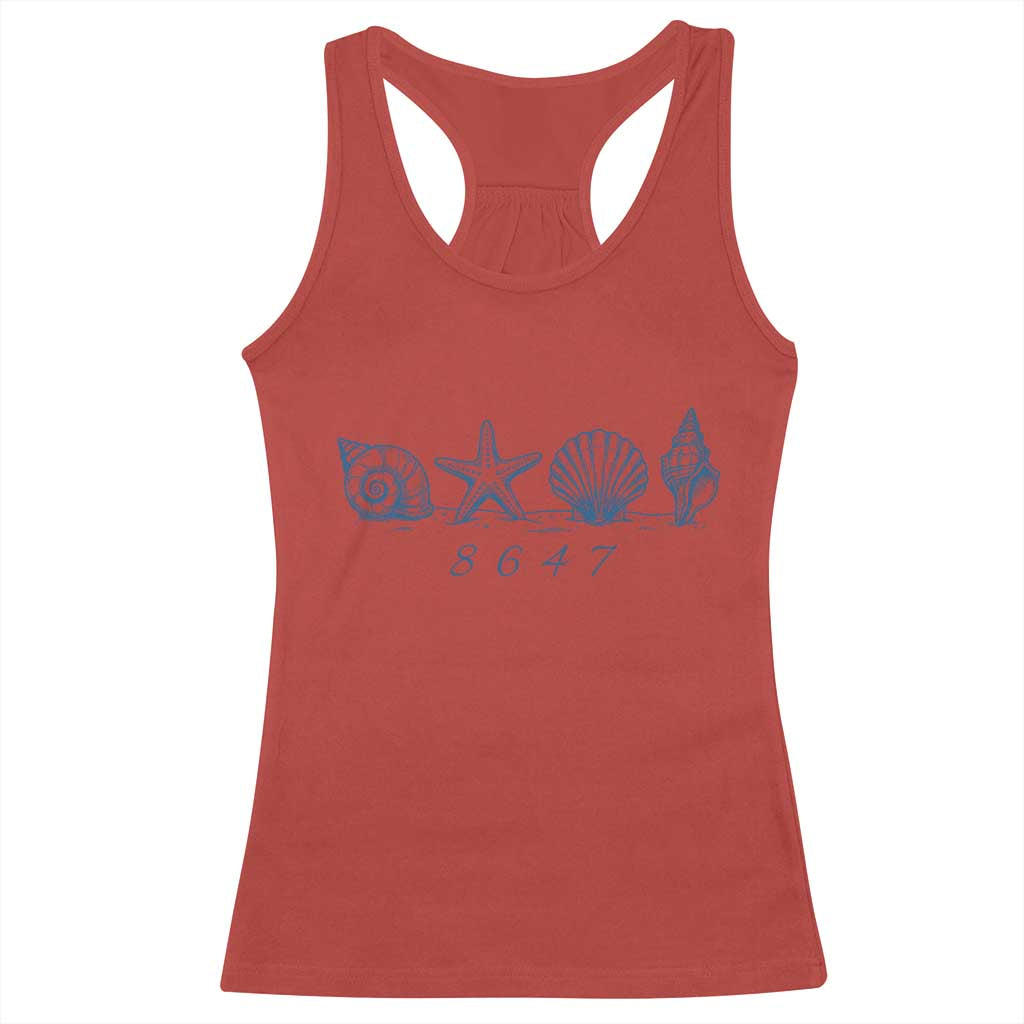 8647 Sea Shells Starfish Vintage Coastal Blue Line Graphic Racerback Tank Top Coded Political Satire