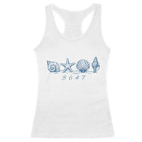 8647 Sea Shells Starfish Vintage Coastal Blue Line Graphic Racerback Tank Top Coded Political Satire