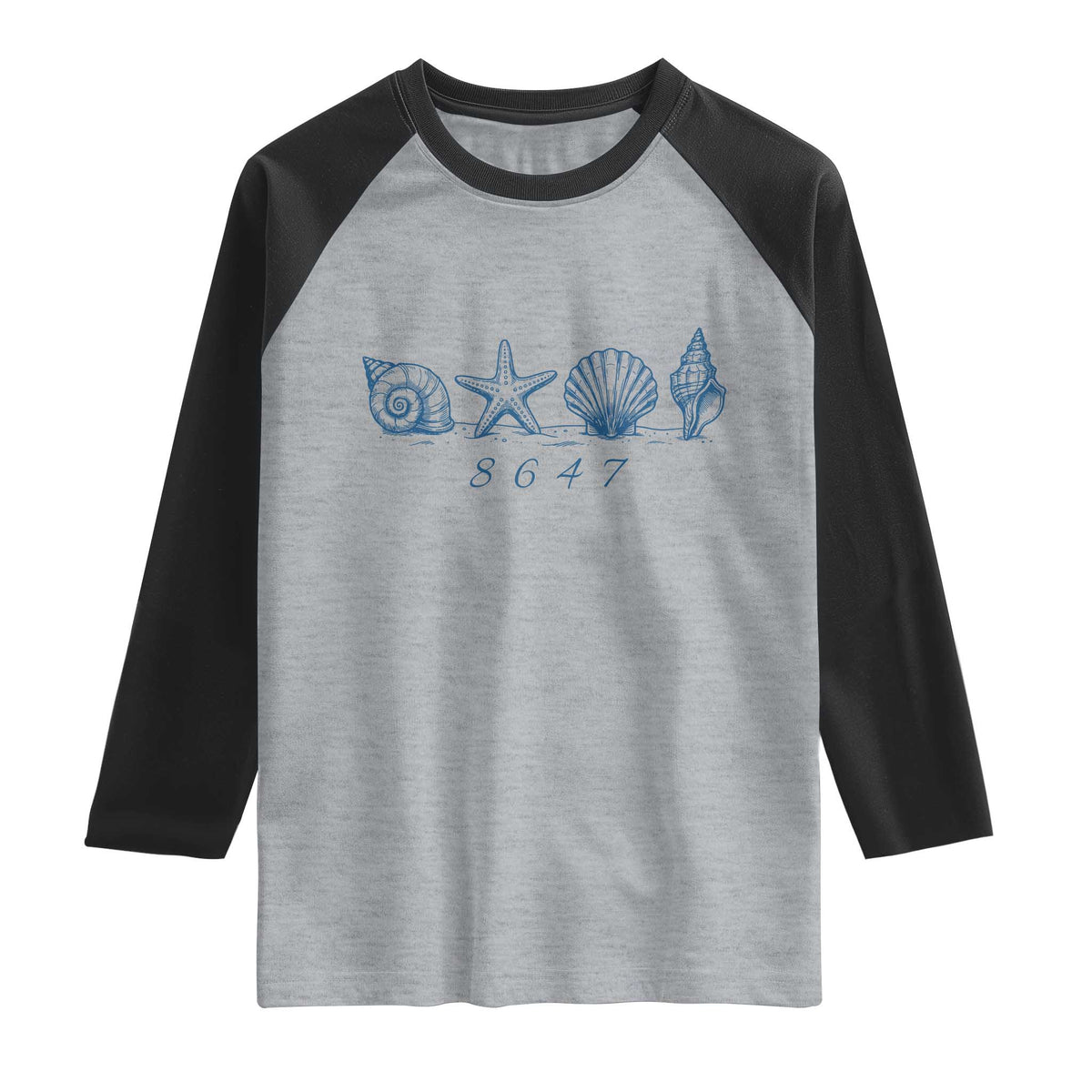 8647 Sea Shells Starfish Vintage Coastal Blue Line Graphic Raglan Shirt Coded Political Satire