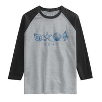 8647 Sea Shells Starfish Vintage Coastal Blue Line Graphic Raglan Shirt Coded Political Satire