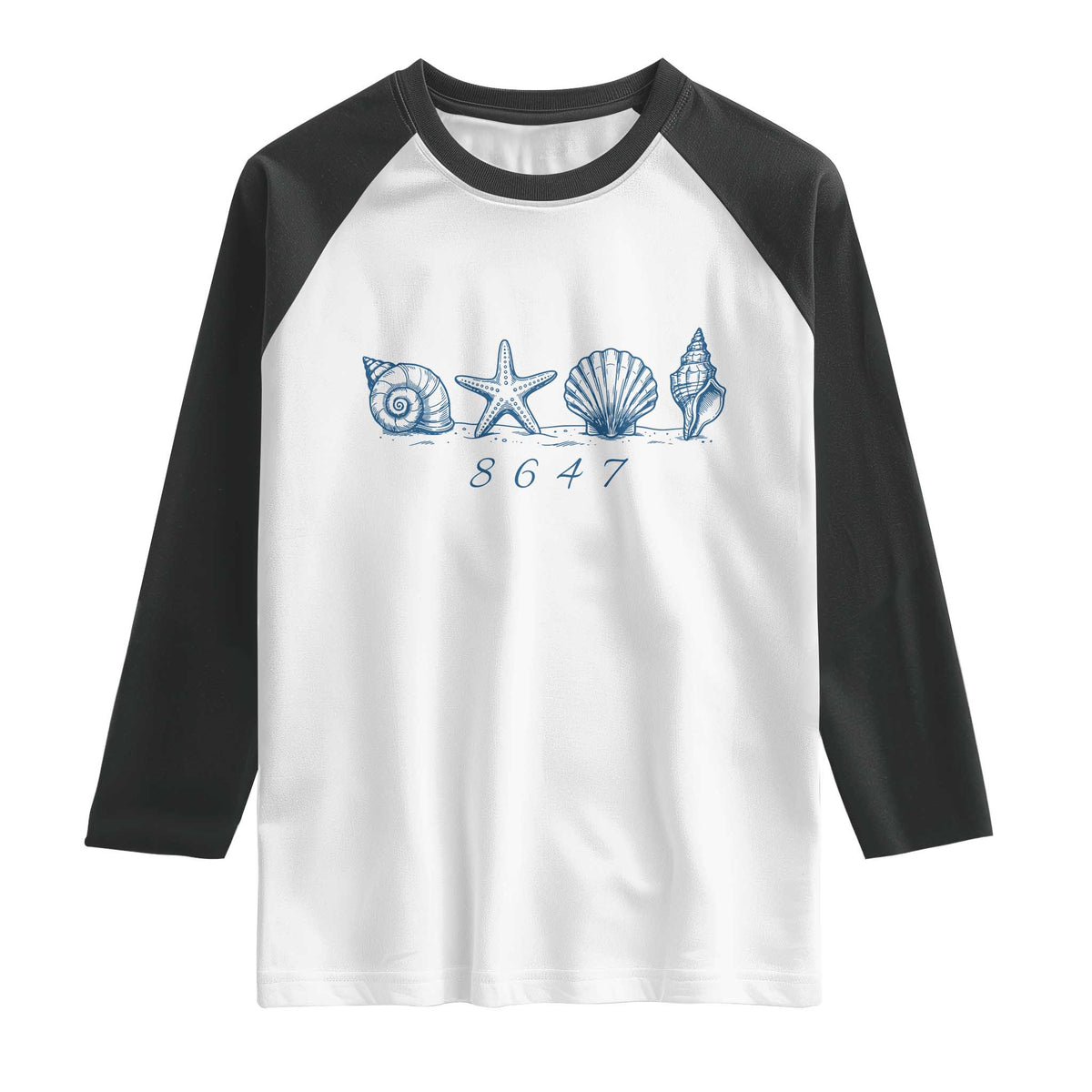 8647 Sea Shells Starfish Vintage Coastal Blue Line Graphic Raglan Shirt Coded Political Satire
