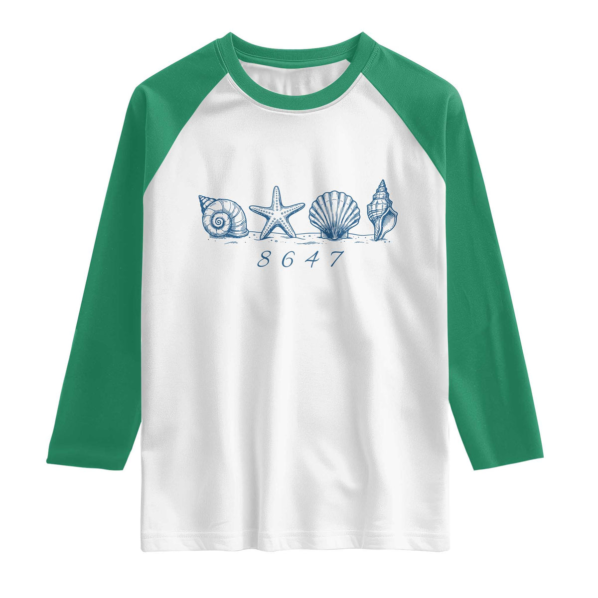 8647 Sea Shells Starfish Vintage Coastal Blue Line Graphic Raglan Shirt Coded Political Satire