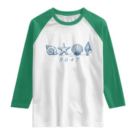 8647 Sea Shells Starfish Vintage Coastal Blue Line Graphic Raglan Shirt Coded Political Satire