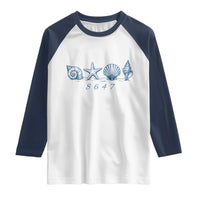 8647 Sea Shells Starfish Vintage Coastal Blue Line Graphic Raglan Shirt Coded Political Satire