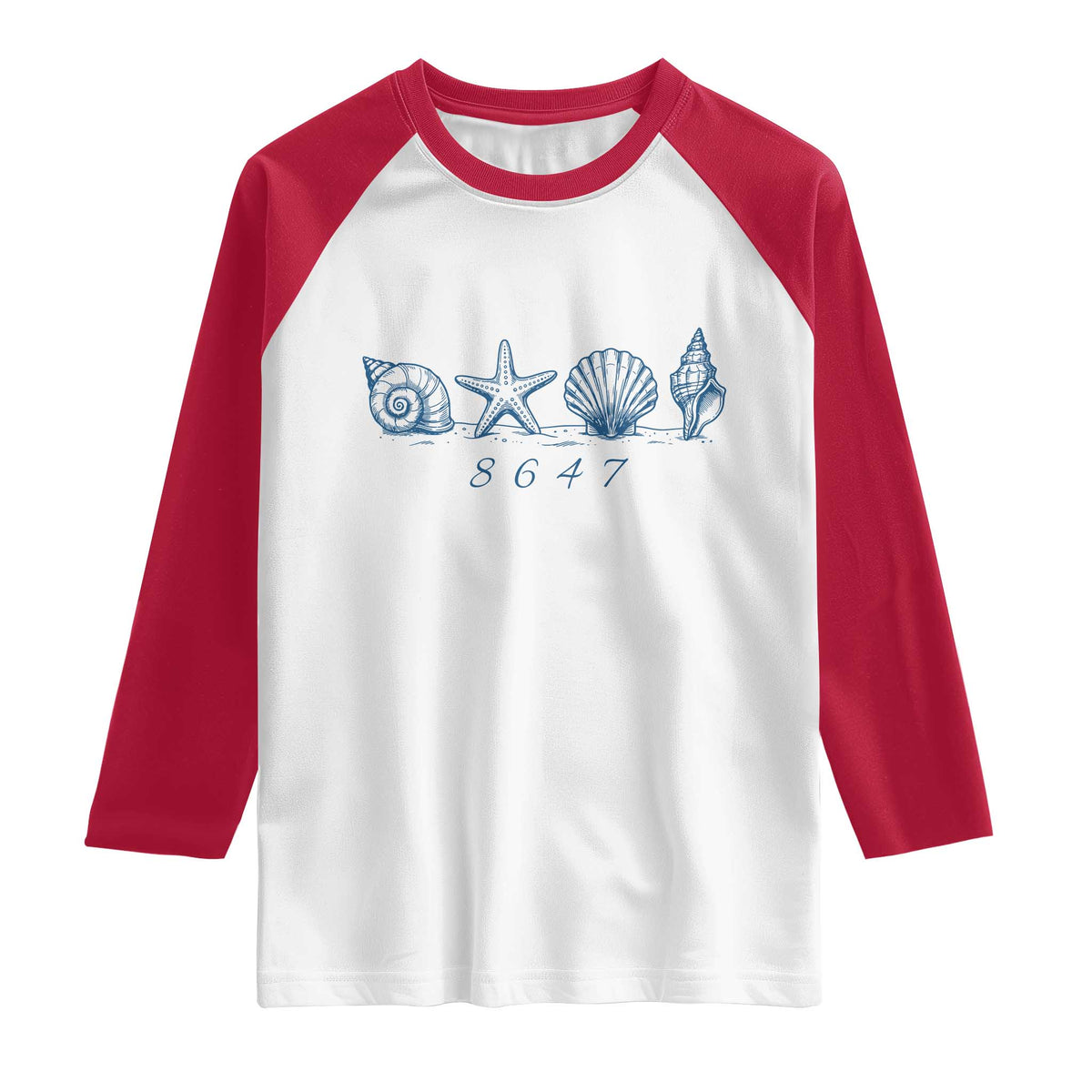 8647 Sea Shells Starfish Vintage Coastal Blue Line Graphic Raglan Shirt Coded Political Satire