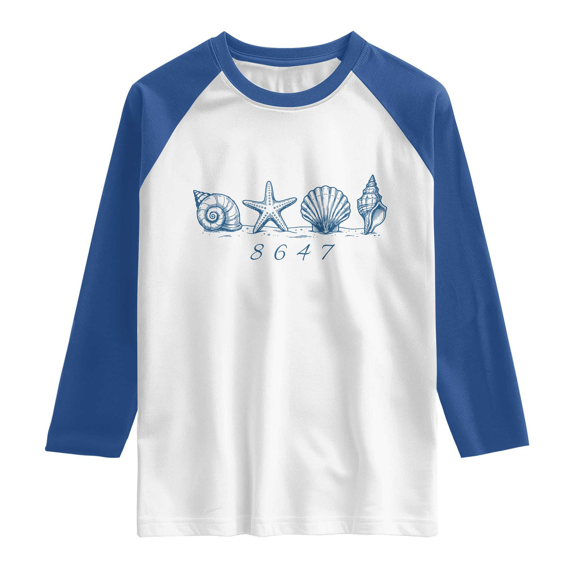 8647 Sea Shells Starfish Vintage Coastal Blue Line Graphic Raglan Shirt Coded Political Satire