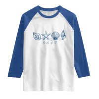 8647 Sea Shells Starfish Vintage Coastal Blue Line Graphic Raglan Shirt Coded Political Satire