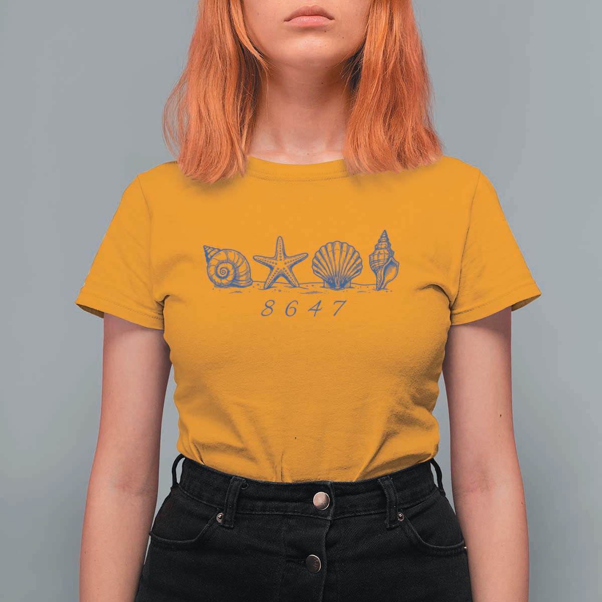 8647 Sea Shells Starfish Vintage Coastal Blue Line Graphic T Shirt For Women Coded Political Satire