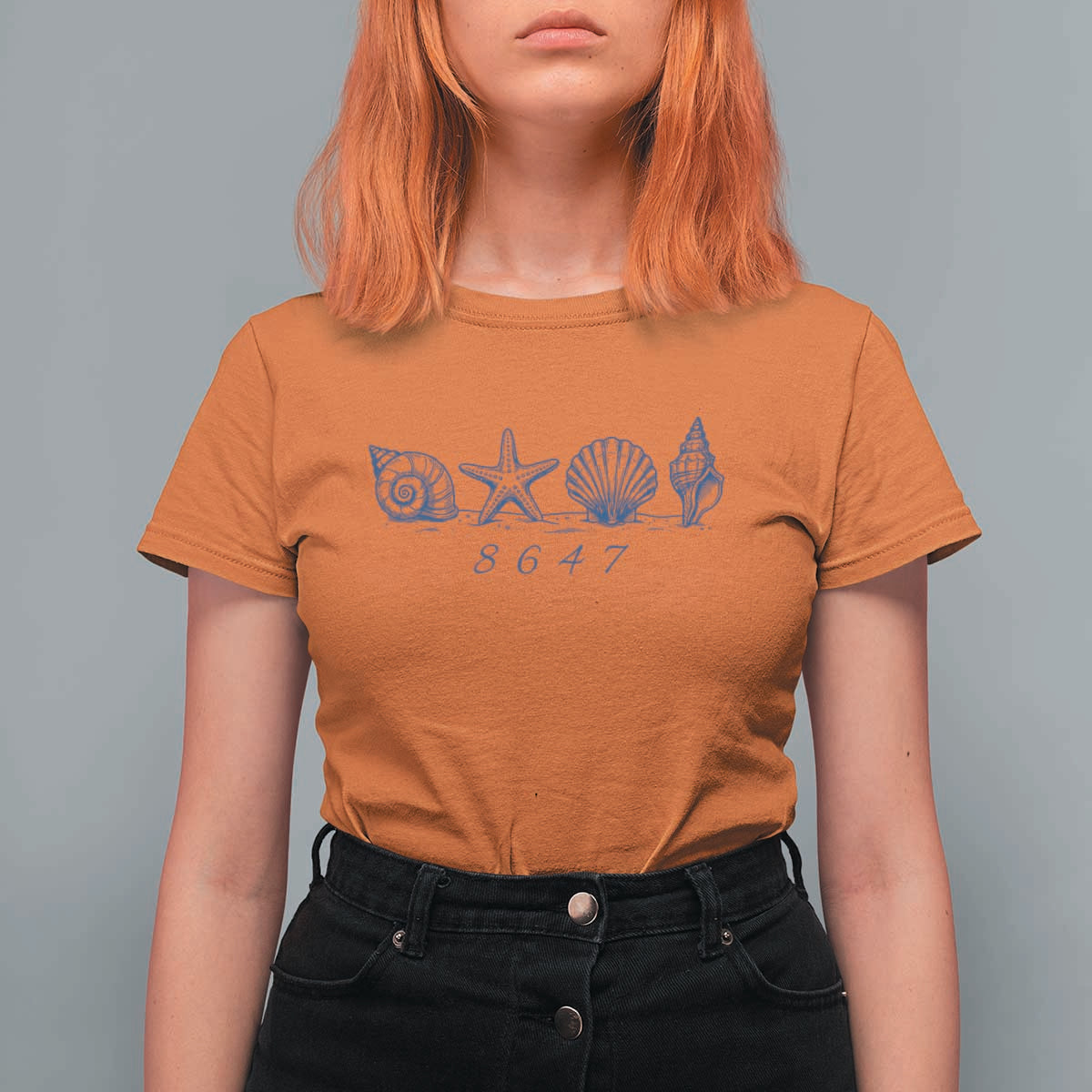 8647 Sea Shells Starfish Vintage Coastal Blue Line Graphic T Shirt For Women Coded Political Satire