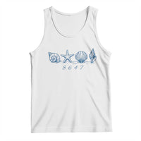 8647 Sea Shells Starfish Vintage Coastal Blue Line Graphic Tank Top Coded Political Satire