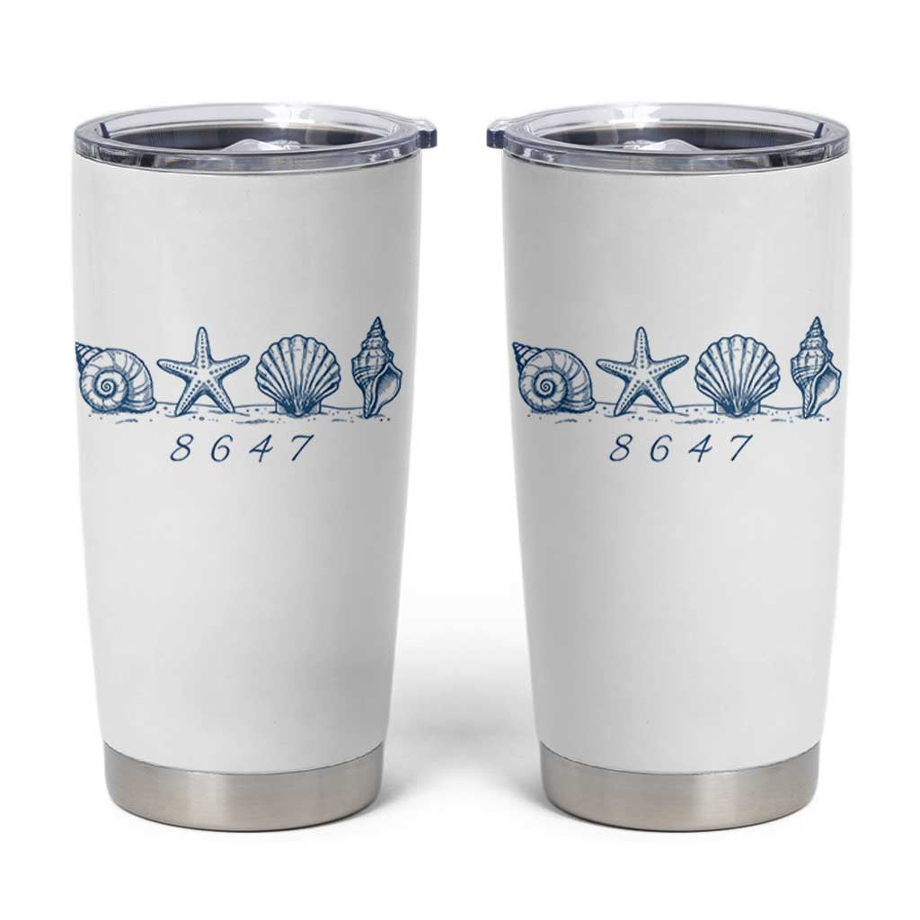 8647 Sea Shells Starfish Vintage Coastal Blue Line Graphic Tumbler Cup Coded Political Satire