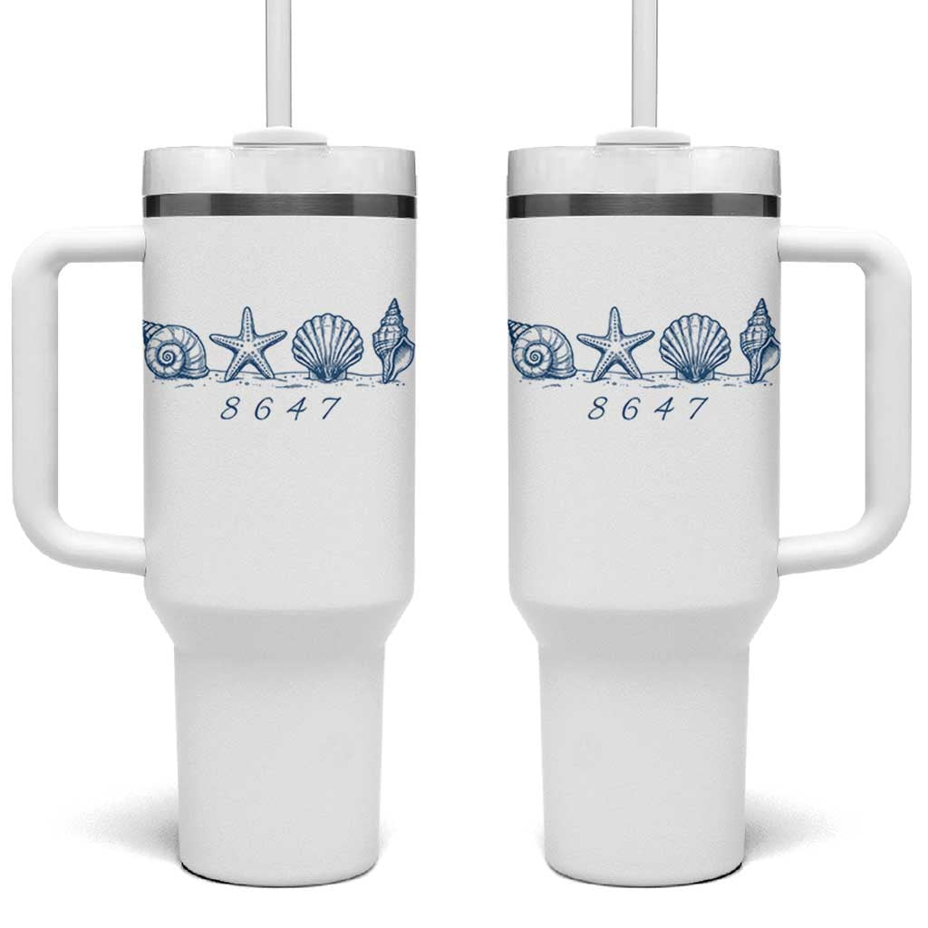 8647 Sea Shells Starfish Vintage Coastal Blue Line Graphic Tumbler With Handle Coded Political Satire