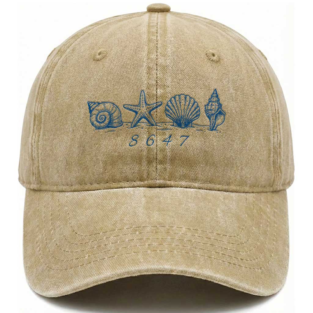 8647 Sea Shells Starfish Vintage Coastal Blue Line Graphic Washed Cotton Baseball Cap Coded Political Satire