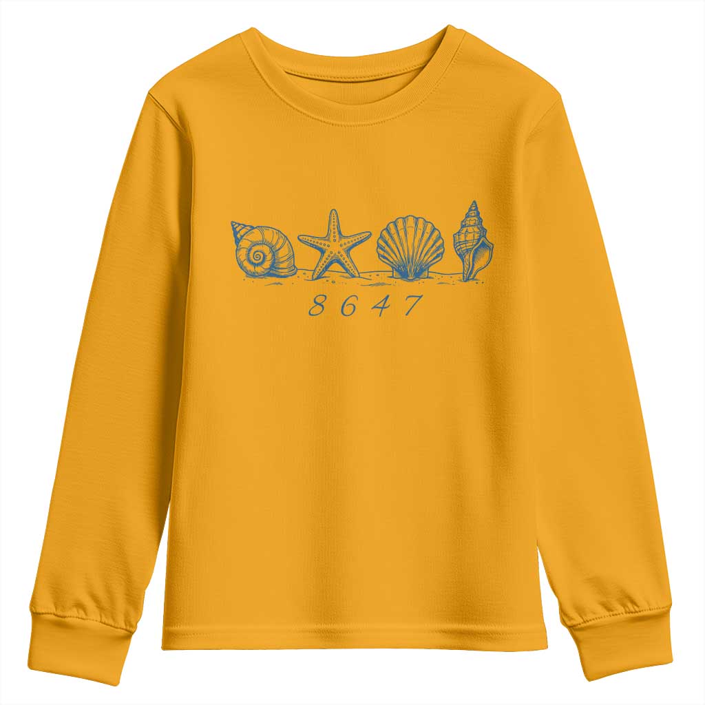 8647 Sea Shells Starfish Vintage Coastal Blue Line Graphic Youth Sweatshirt Coded Political Satire