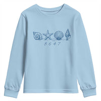 8647 Sea Shells Starfish Vintage Coastal Blue Line Graphic Youth Sweatshirt Coded Political Satire