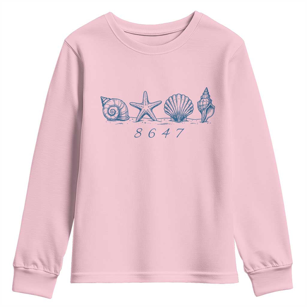 8647 Sea Shells Starfish Vintage Coastal Blue Line Graphic Youth Sweatshirt Coded Political Satire