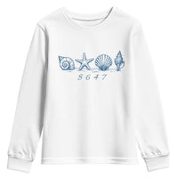 8647 Sea Shells Starfish Vintage Coastal Blue Line Graphic Youth Sweatshirt Coded Political Satire