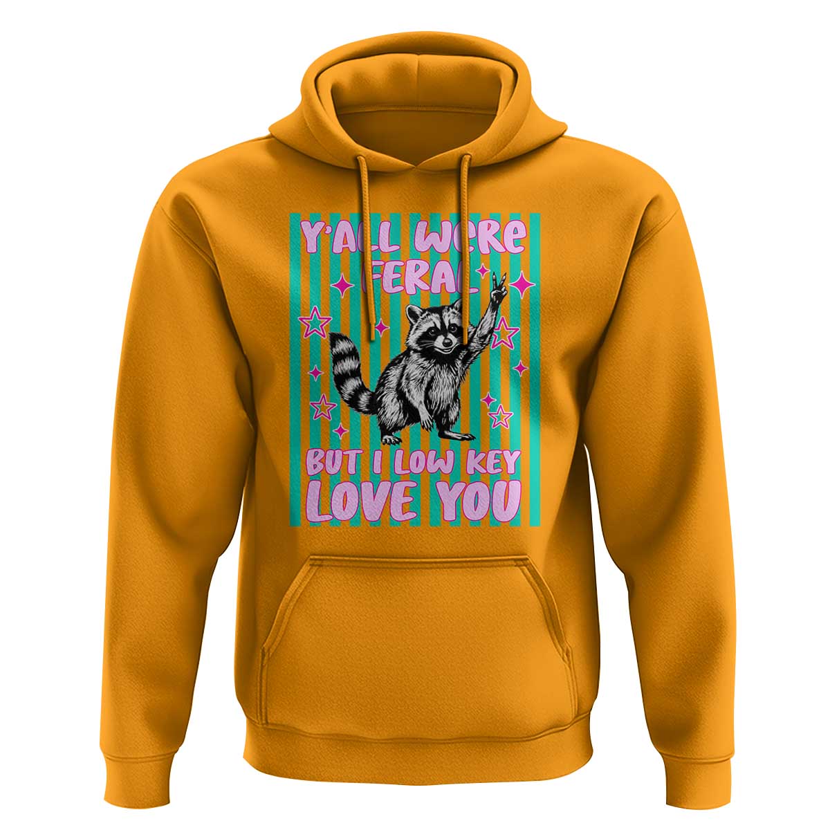 Y'all Were Feral But I Low Key Love You Pink Stripes Raccoon Hoodie Funny Teacher End of Yea