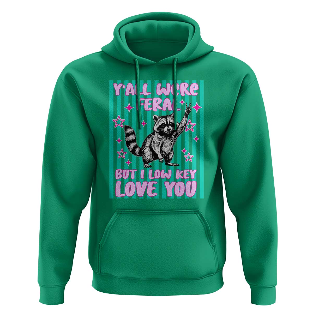 Y'all Were Feral But I Low Key Love You Pink Stripes Raccoon Hoodie Funny Teacher End of Yea