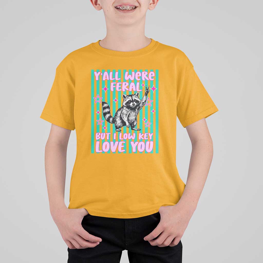 Y'all Were Feral But I Low Key Love You Pink Stripes Raccoon T Shirt For Kid Funny Teacher End of Yea